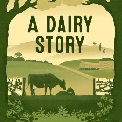 A Dairy Story book cover, artwork cow with calf in field